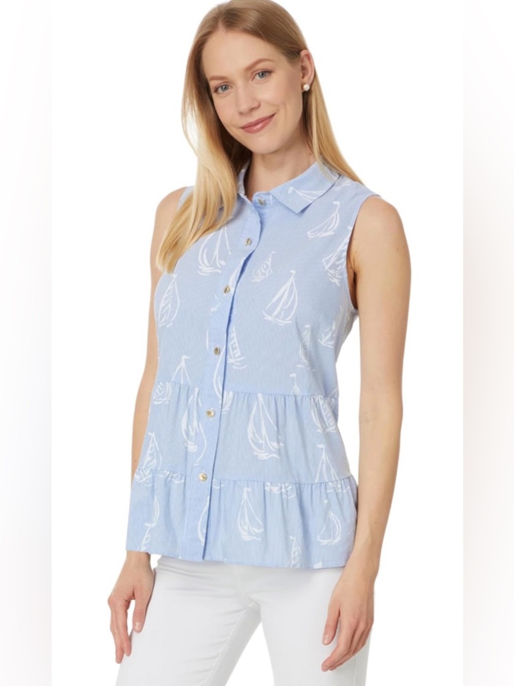 Lilly Pulitzer Breah Sleeveless Top Button-Down w nautical sailboat print